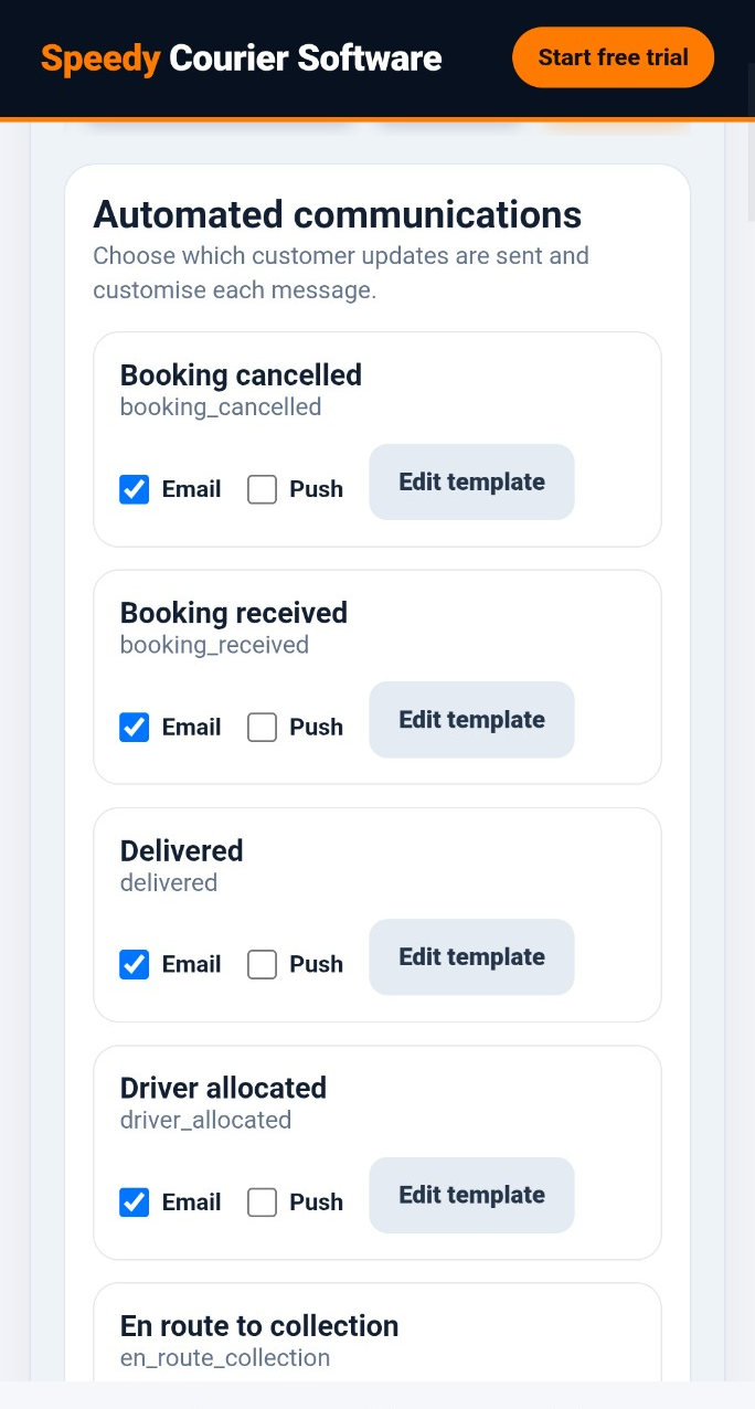 Automated customer communication templates in Speedy Courier Software