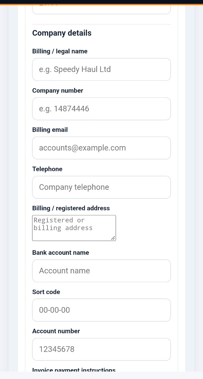 Speedy Courier Software company details and bank account settings