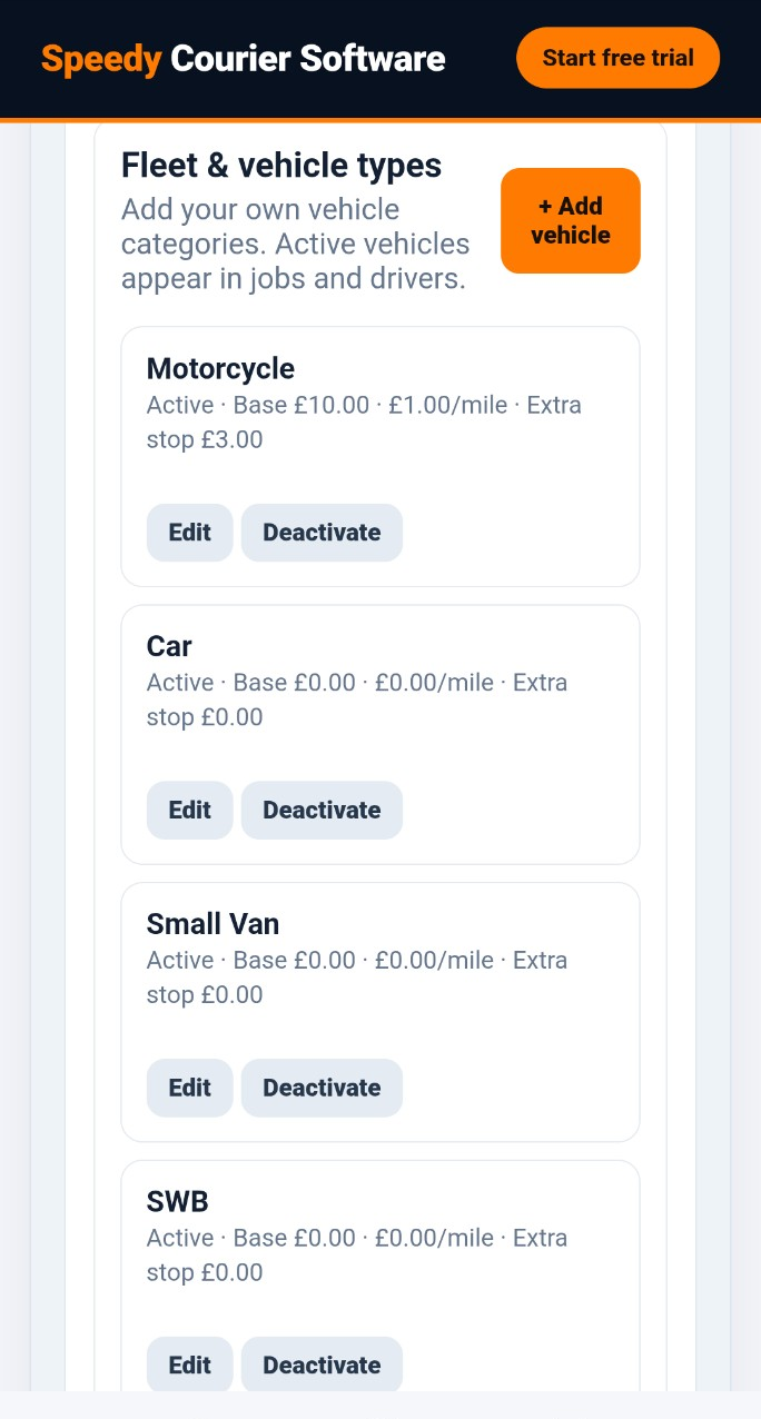 Fleet and vehicle type pricing settings in Speedy Courier Software