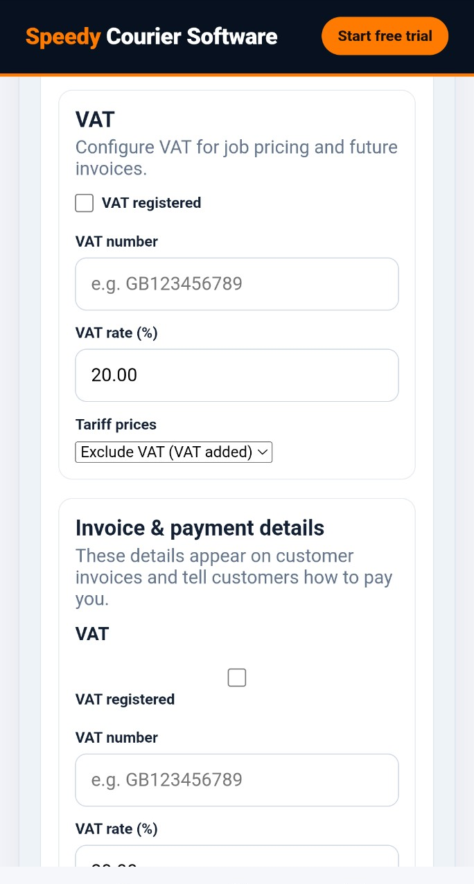 VAT settings in Speedy Courier Software