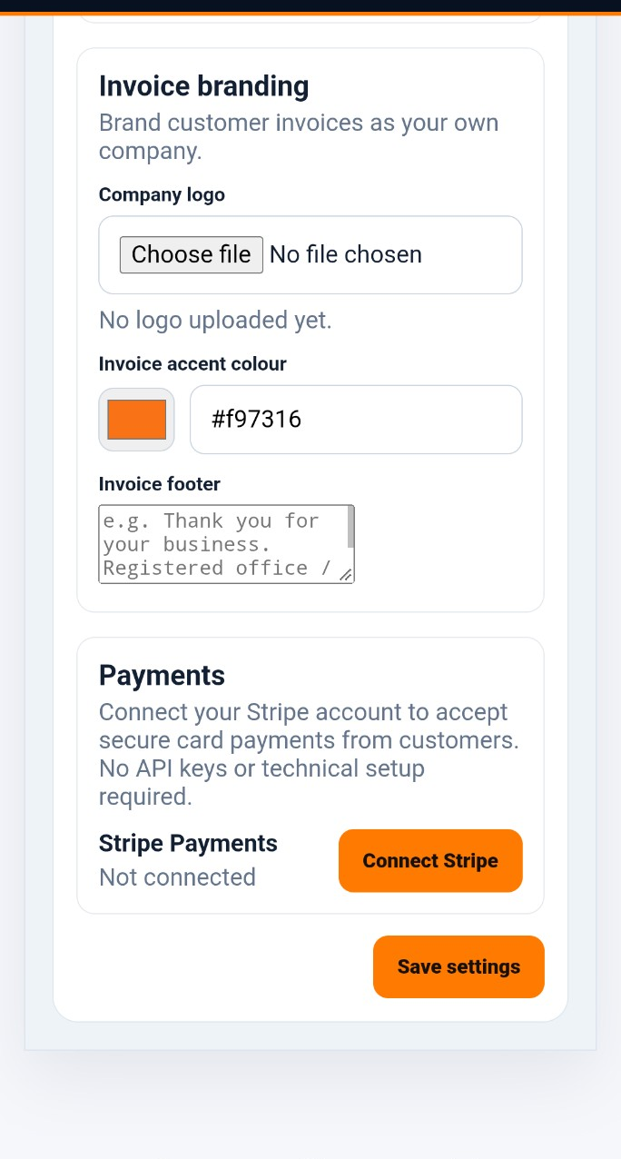 Invoice branding and Stripe payment settings in Speedy Courier Software