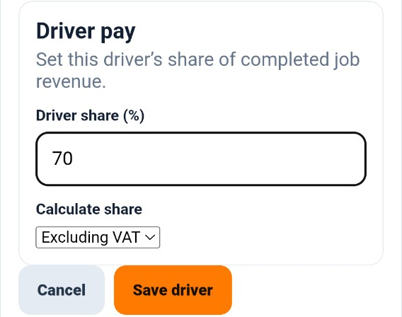 Driver pay percentage and VAT basis in Speedy Courier Software