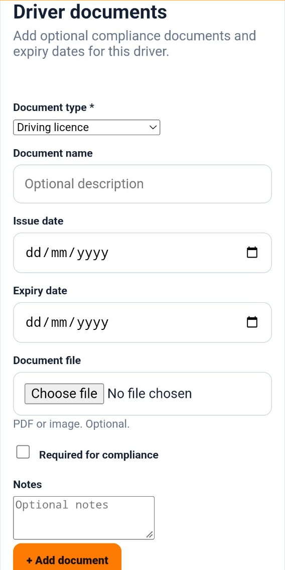 Driver compliance document upload form in Speedy Courier Software